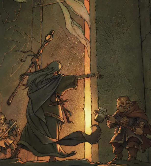 Ilustracja z gry Dragonbane przedstawiająca bohater&oacute;w wkraczających za kamienne drzwi
