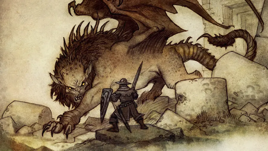 Obraz z gry Dragonbane RPG przedstawiający rycerza walczącego z Mantikorą