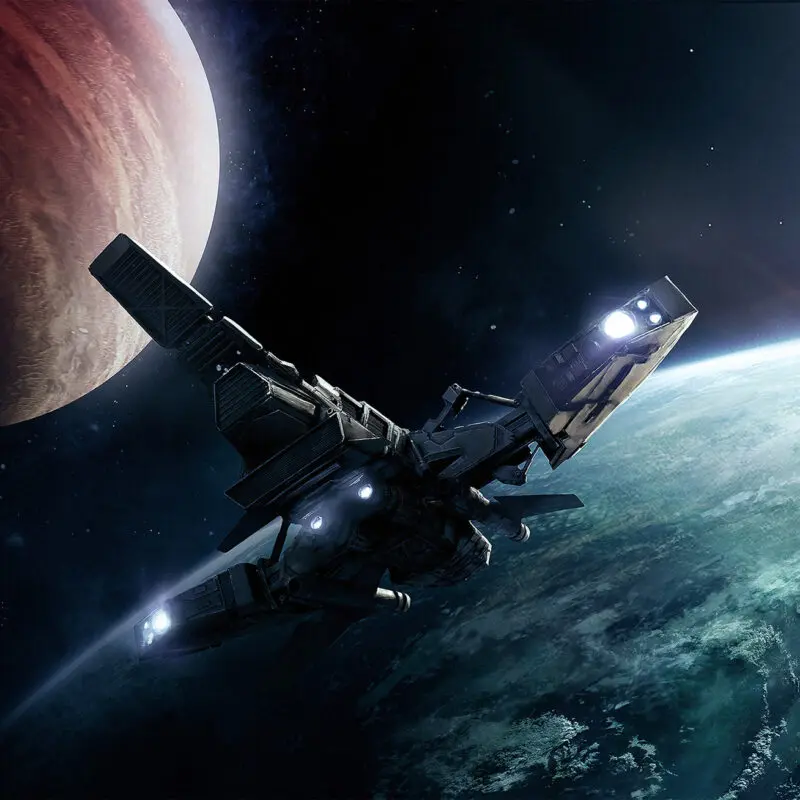Picture of a spaceship flyeing between two planets
