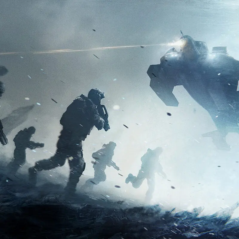 A picture of colonial marines running on the planet surface and a spaceship over their heads