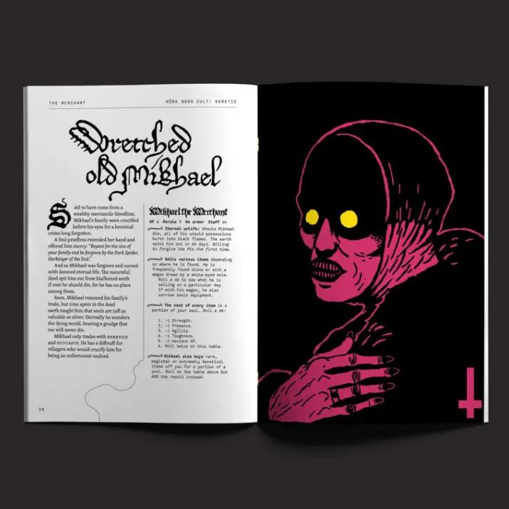 Two pages from Mork Borg Heretic