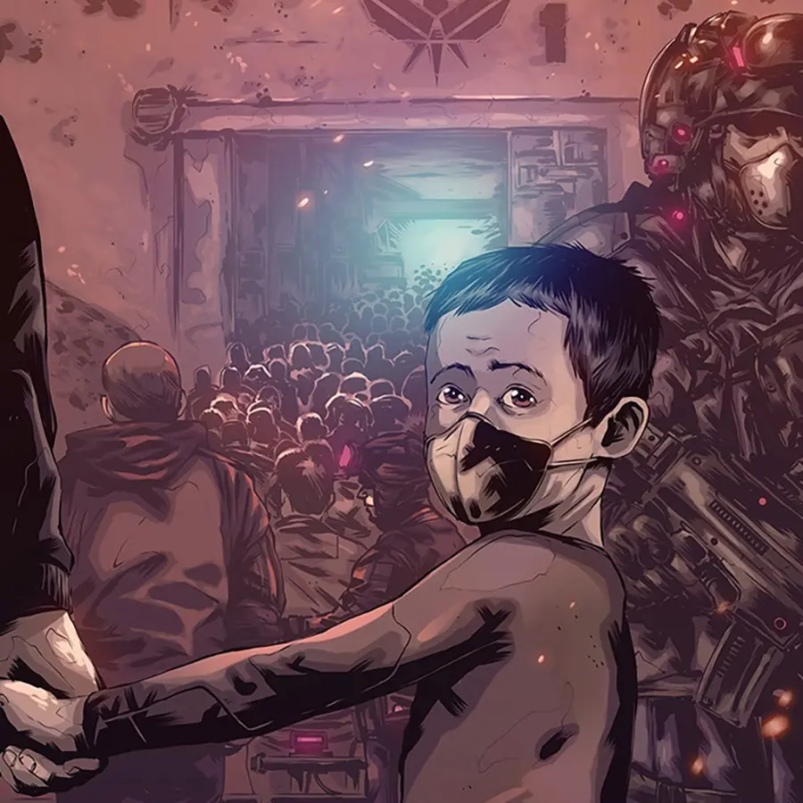 Artwork from the gamebook Mutant Elysium presenting a masked child  among a walking crowd 