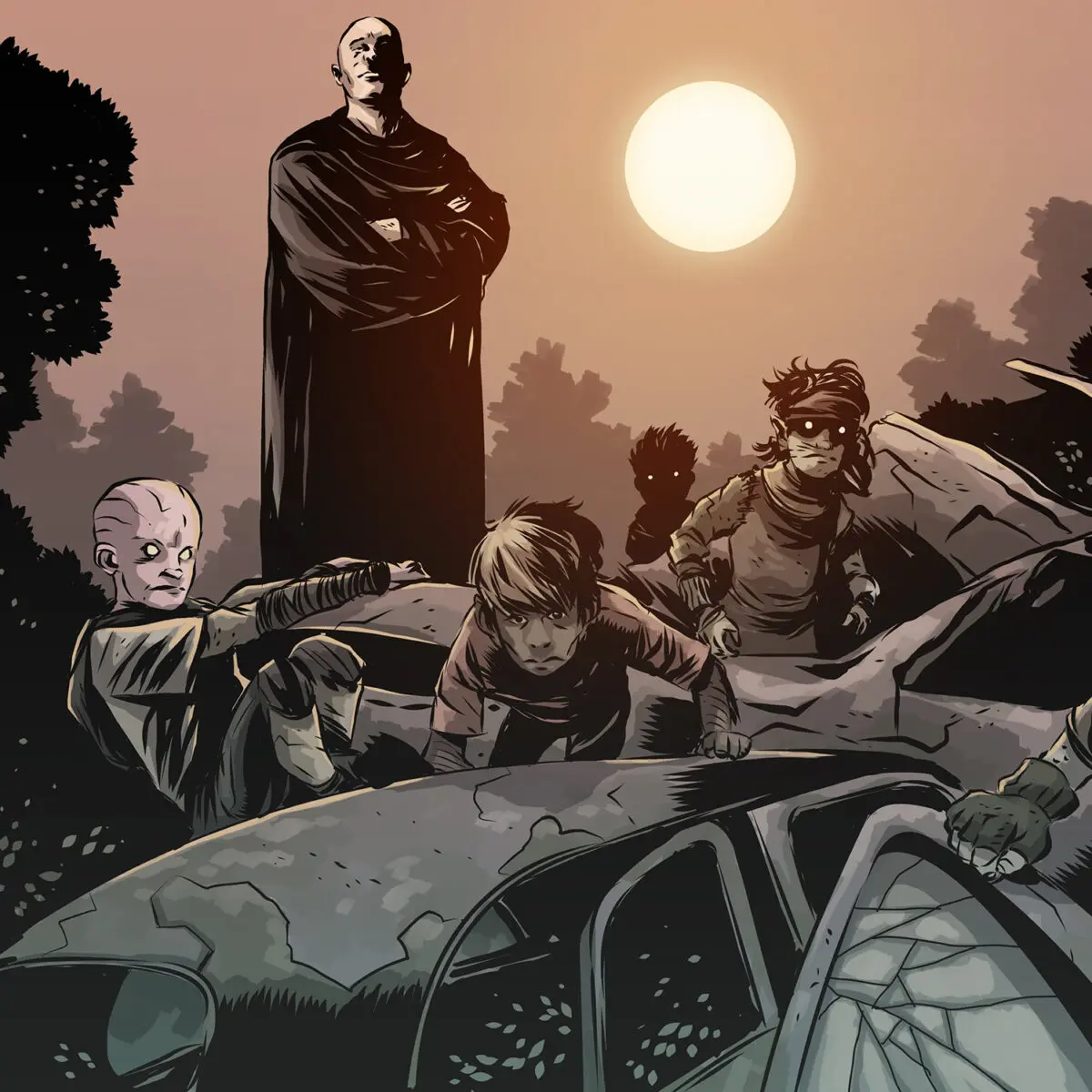 Artwork from the gamebook Mutant Mechatron presenting a bunch of mutant kids and and abandoned cars