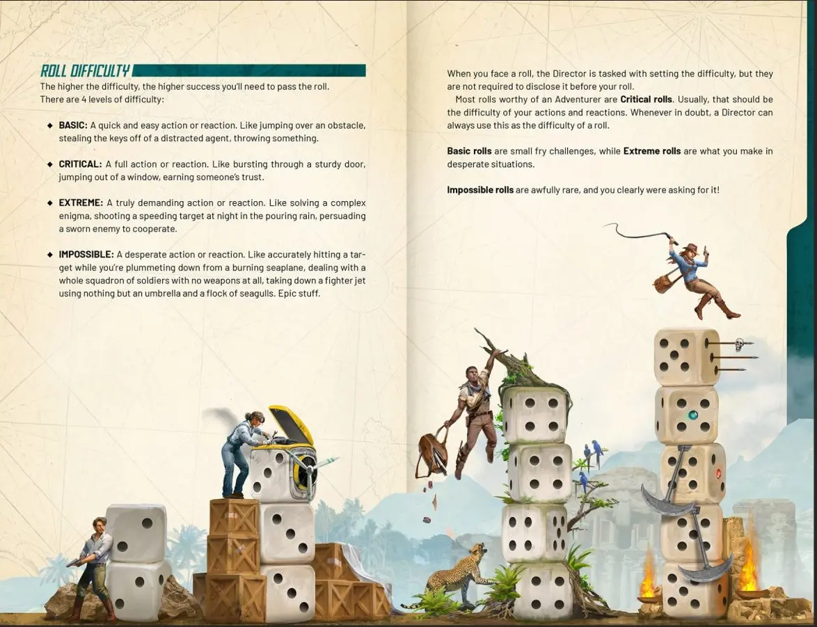 Two pages from Outgunned Adventure presenting Roll difficulty