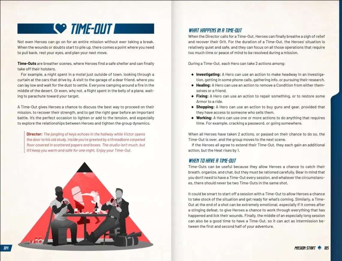 Two pages from Outgunned RPG describing time-out