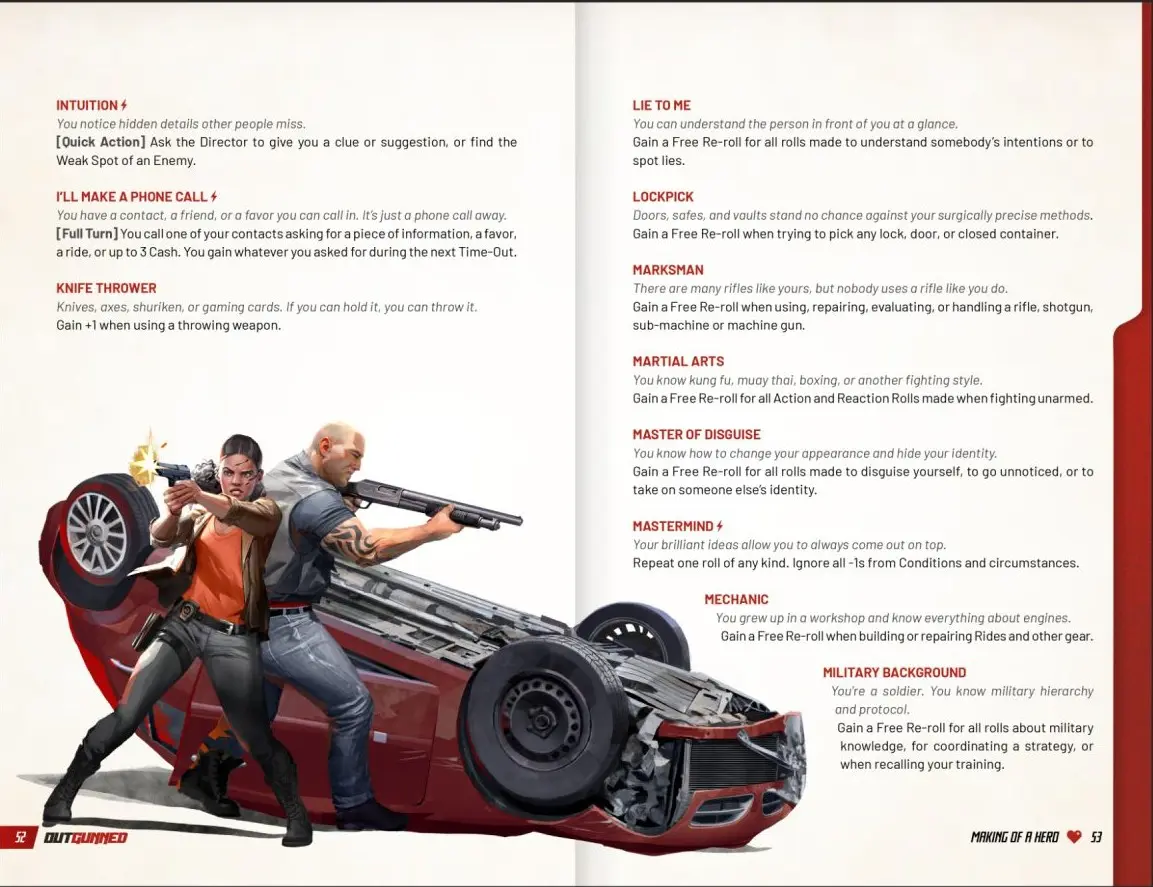 Two pages of the book Outgunned with a picutre of an overturned car and two heroes with guns