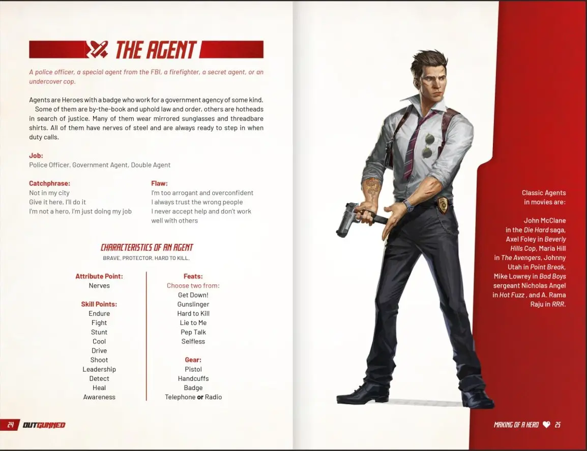 Two pages from the RPG Outgunned with Agent's characteristics