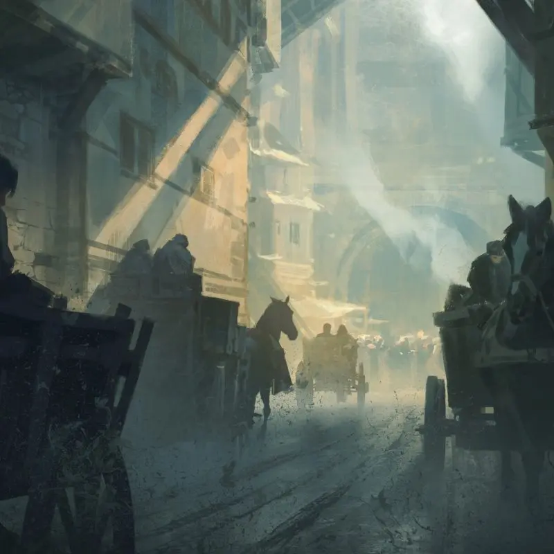 Picture of a city in a daylight with horse-drawn carts