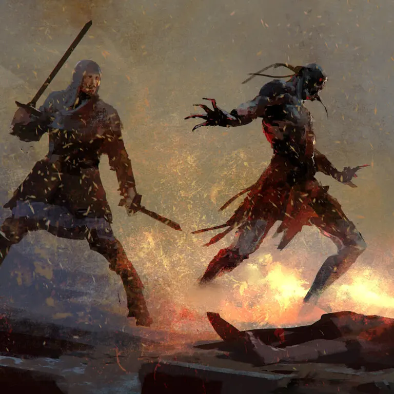 Picture of a knight with two swords and human-like creature 