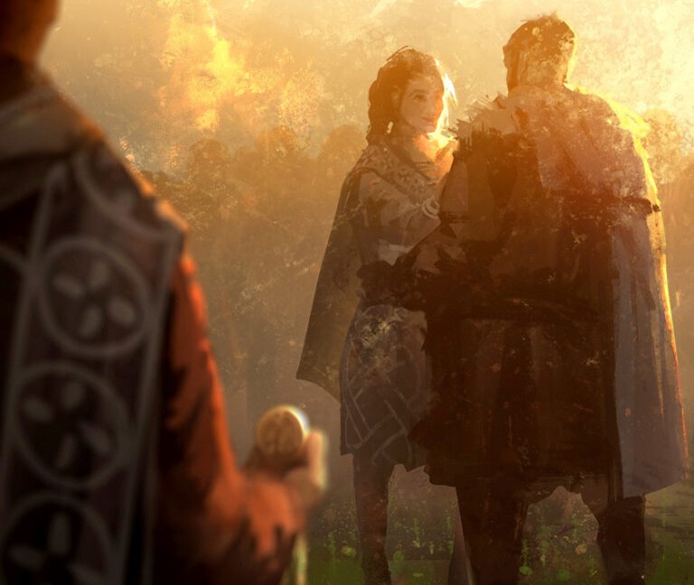 Picture of a woman and a man in noble clothes talking to each other