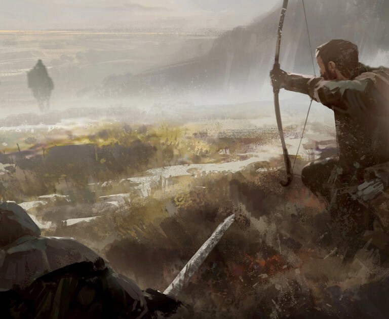 Picture of a man with a bow, aiming at a rider in a distance