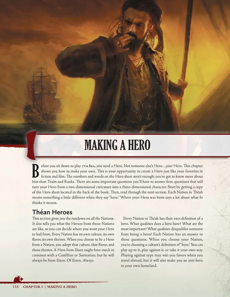 Strona z podręcznika do gry 7th Sea z ilustracją pirata