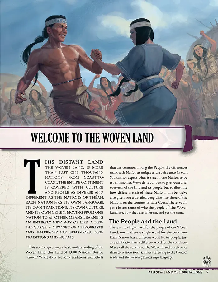 Strona wstępu z podręcznika Land Of 1000 Nations z ilustracją prezentującą tańczących Indian