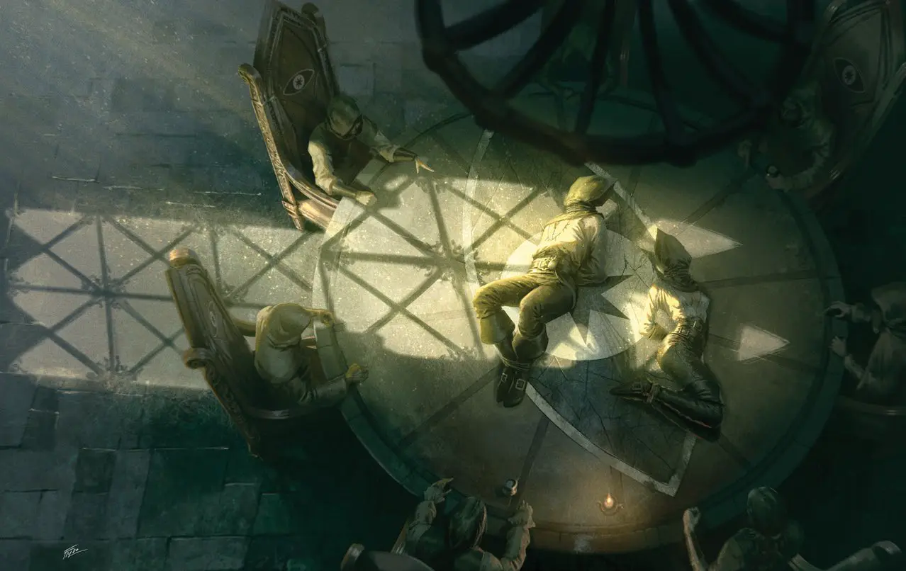 Ilustracja z książki do RPG 7thSea: Secret Sociteties pokazująca związanych ludzi leżących na okrągłym stole