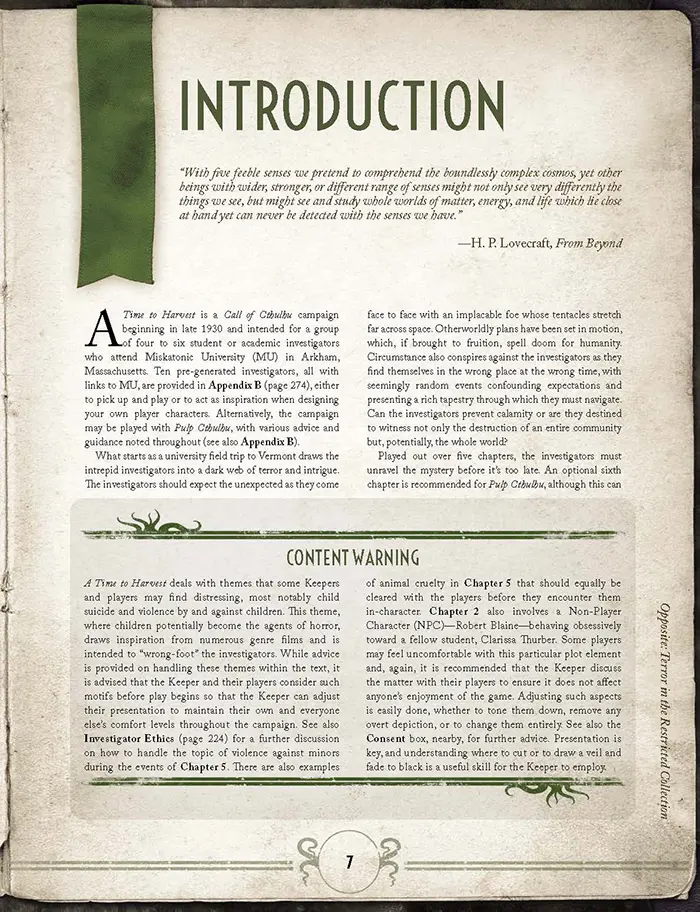 Introduction page from the book A Time To Harvest RPG