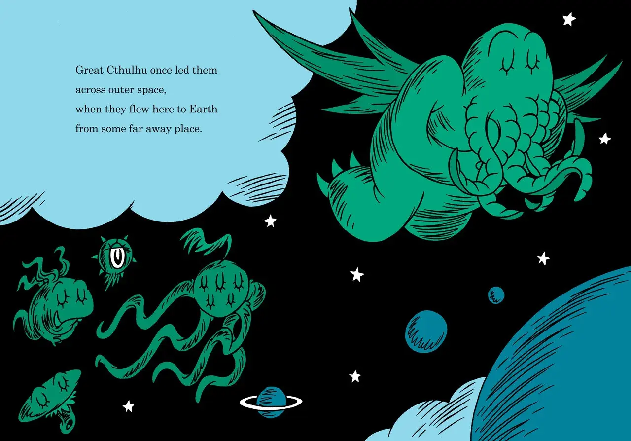 Ilustrowane strony z książki The Call Of Cthulhu For Beginner Readers