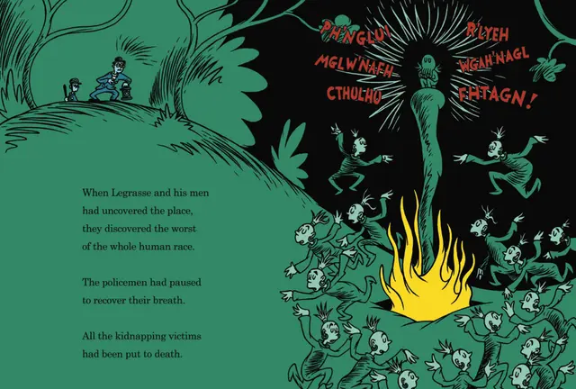 Ilustrowane strony z książki The Call Of Cthulhu For Beginner Readers