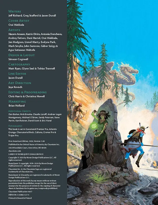 Strona z dodatku Dragon Pass do gry RuneQuest  zawierająca creditsy oraz ilustrację walczących magicznych postaci kryjących się za skałą
