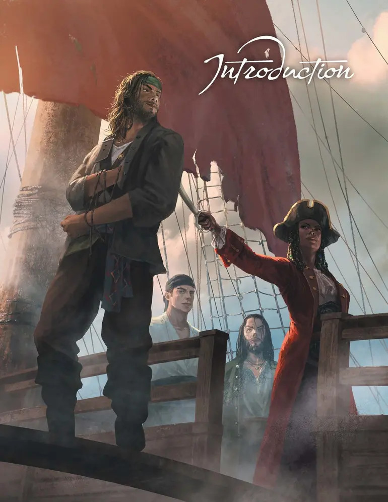 Ilustracja z wprowadzenia w książce Pirate Nations przedstawiająca piratkę z szablą wprowadzającą skazańca na trap
