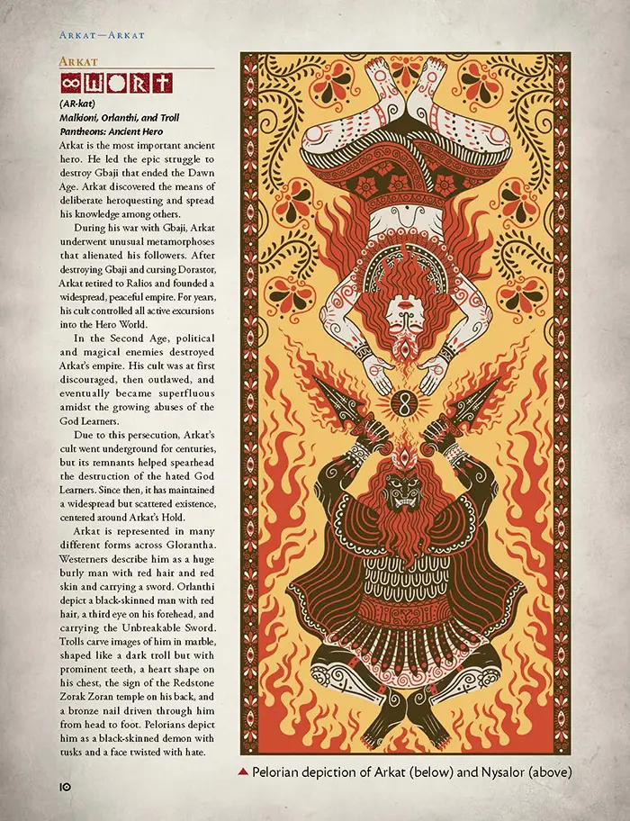 Strona z dodatku Prosopaedia do gry RuneQuest przedstawiająca boga Arkata 