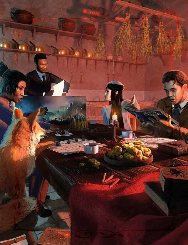 Ilustracja z gry RPG Rivers Of London przedstawiająca śledczych przy stole