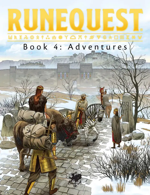 Okładka broszury z przygodami do gry RuneQuest, przedstawiający ludzi podróżujących konno do grodu