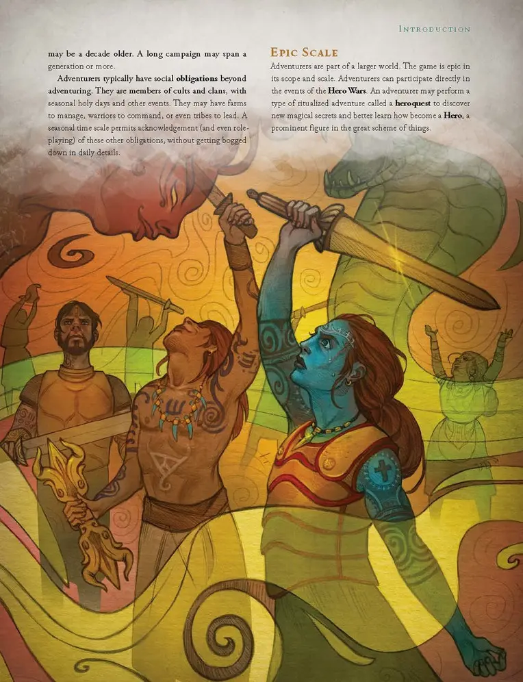 Ilustracja z książki Runequest przedstawiająca wojowników z uniesionymi mieczami