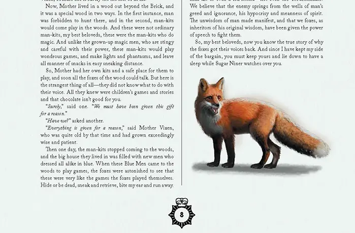 Fragement książki Rivers Of London: Underground, Overground z ilustracją z lisem