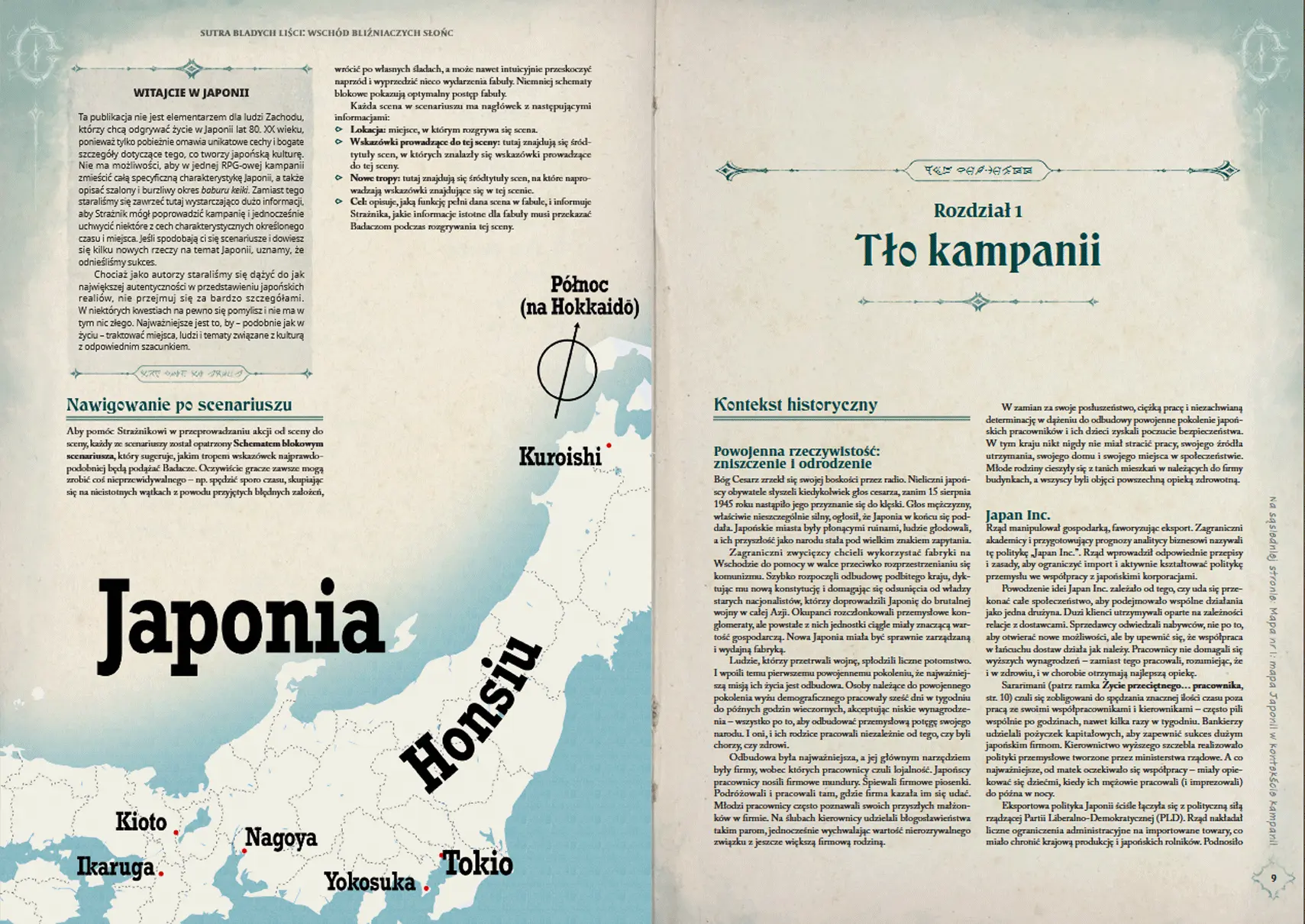 Strony z książki Sutra Bladych Liści  z tekstem oraz ogólną mapą Japonii