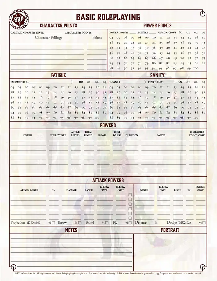 Exemplary empty character sheet for BRP