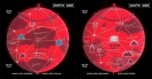 Grafika z książki RuneQuest: The Lunar Way przedstawiająca obie strony czerwonego księżyca