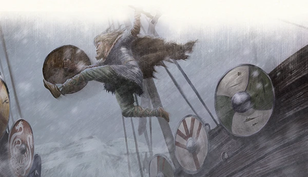 Ilustracja z dodatku do Age Of VIkings przedstawiająca postać skaczącą ze statku na statek