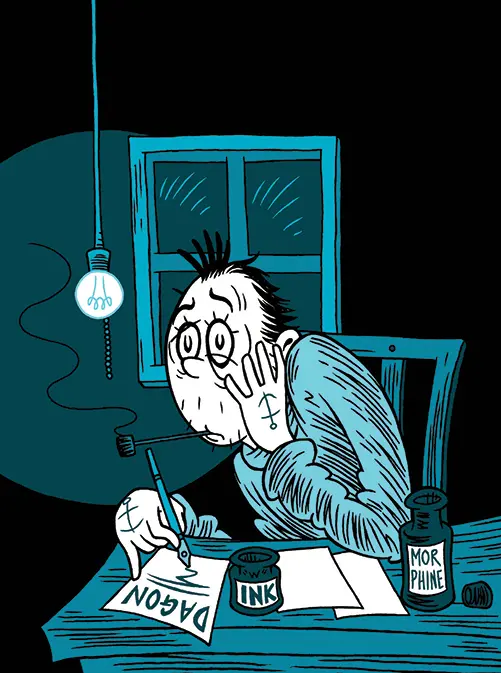 Ilustracja z książki Dagon przedstawająca postać siedzącą przy stole i piszącą. 