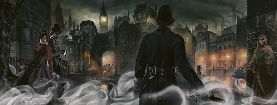 Ilustracja z ekranu do Cthulhu by Gaslight przedstawiająca wiktoriańskie ulice i postaci we mgle