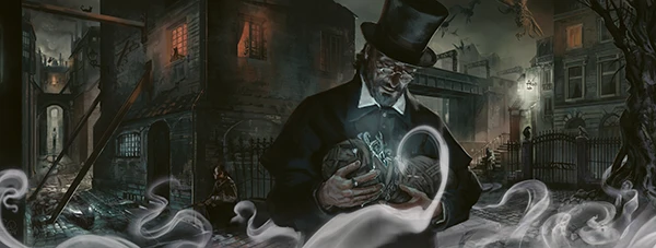Ilustracja z ekranu do Cthulhu by Gaslight przedstawiająca wiktoriańskie ulice i postać w kapeluszu 