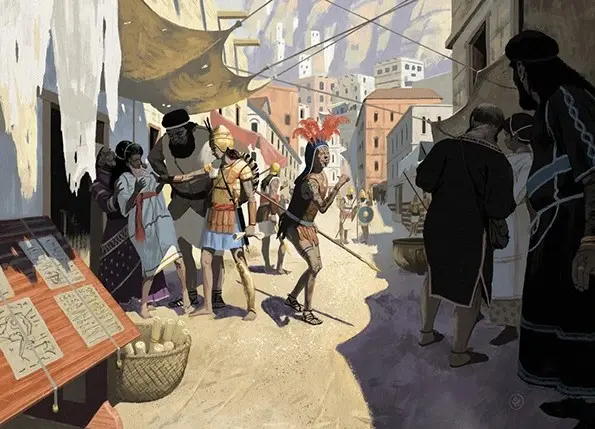 Ilustracja z dodatku RuneQuest: Sartar przedstawiająca uliczkę miasta i lokalnych mieszkańców