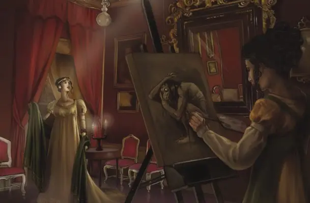 Ilustracja z podręcznika Regency Cthulhu przedstawiająca malowanie portretu przed damę
