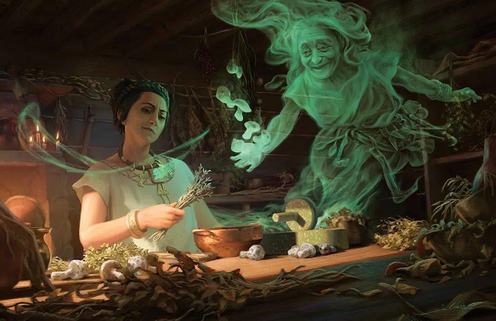 Ilustracja z książki Runequest  - The Red Book Of Magic prezentująca zielarkę i zielonego duchai