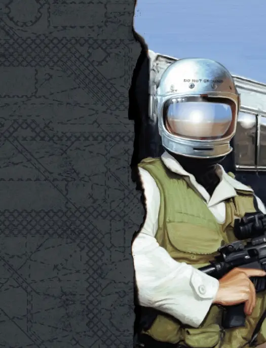 Przykładowa strona z grafiką z podręcznika Black Sites  przedstawiająca żołnierza w kasku