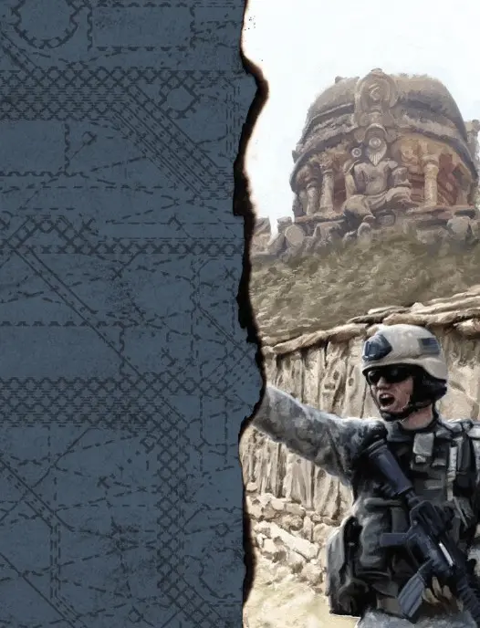 Przykładowa strona z grafiką z podręcznika Black Sites  przedstawiająca krzyczącego żołnierza