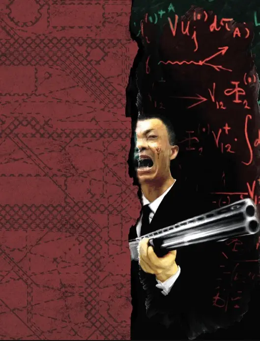 Przykładowa strona z grafiką z podręcznika Black Sites  przedstawiająca krzyczącego Azjatę z bronią