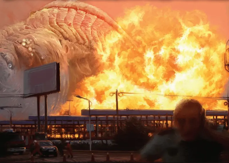 Ilustracja przedstawiająca potworną istotę wychodzącą z płomieni obejmujących kolejne budynki 