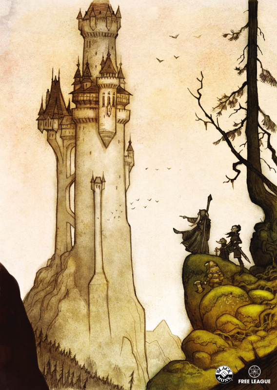 Grafika z wieżą i wędrowcami z wnętrza książki