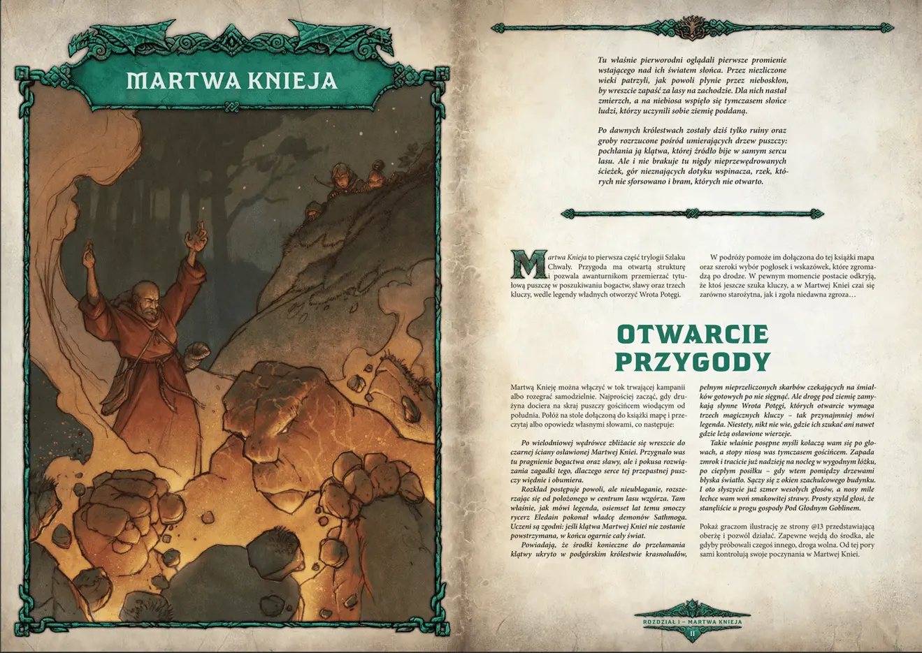 Dwie strony z książki Szlak Chwały przedstawiające opis przygody Martwa Knieja i ilustrację maga i góry