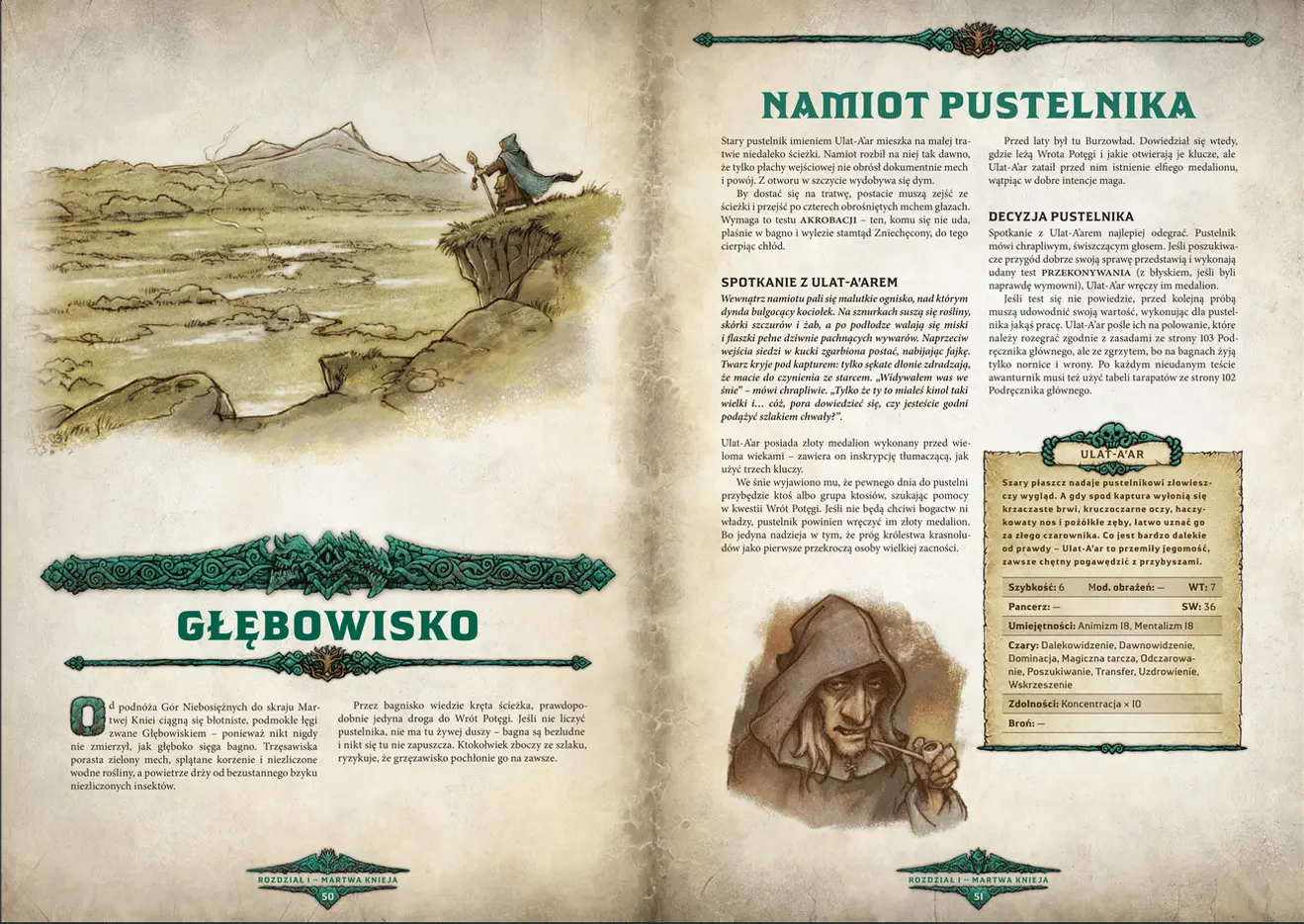 Przykładowe dwie strony z ksiązki Dragonbane: Szlak Chwały przedstawiające opis Głębowiska