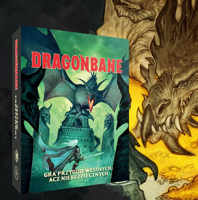 Okładka zestawu podstawowego Dragonbane przedstawiająca ziejącego ogniem smoka