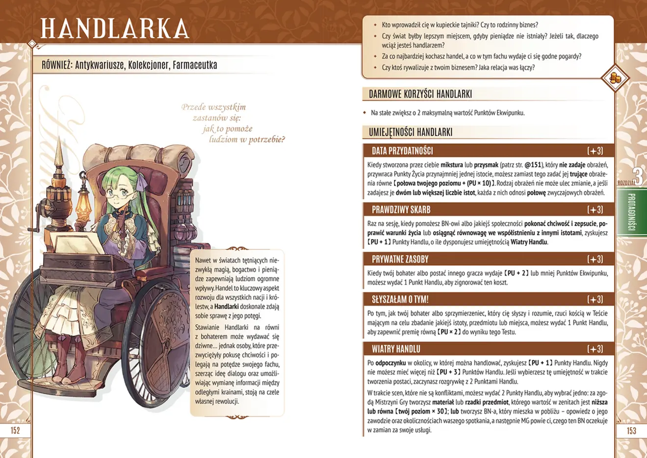 Strony z podręcznika Atlas Natural Fantasy przedstawiające postać handlarki