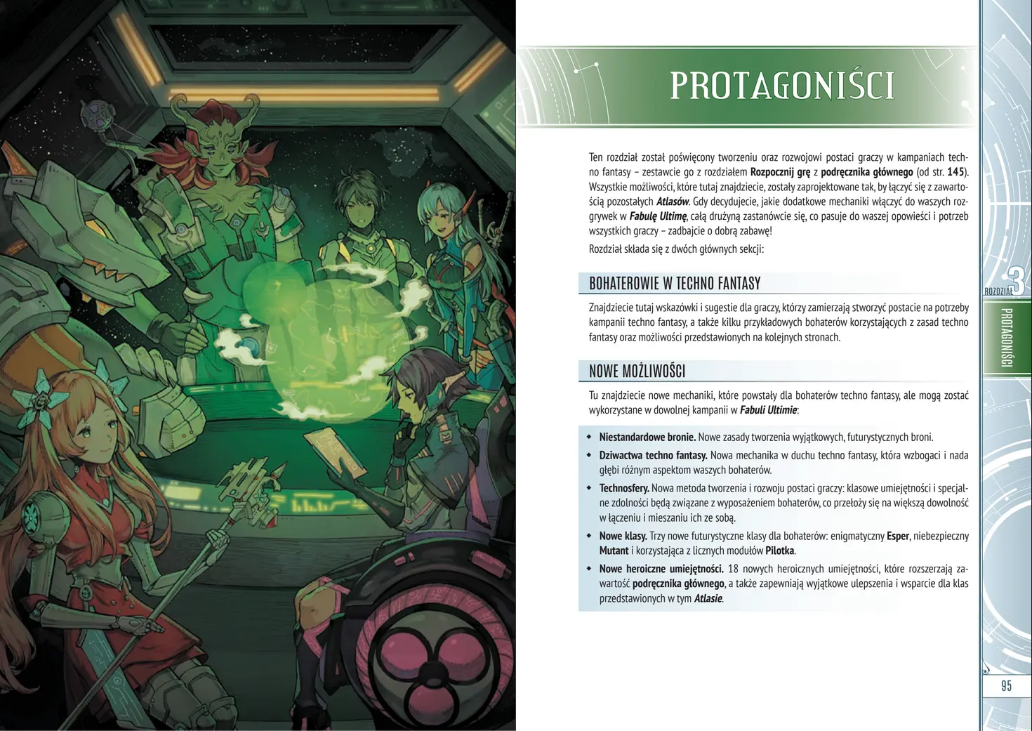 Przykładowe strony z wnętrza Atlas Techno Fantasy opisujące protagonistów