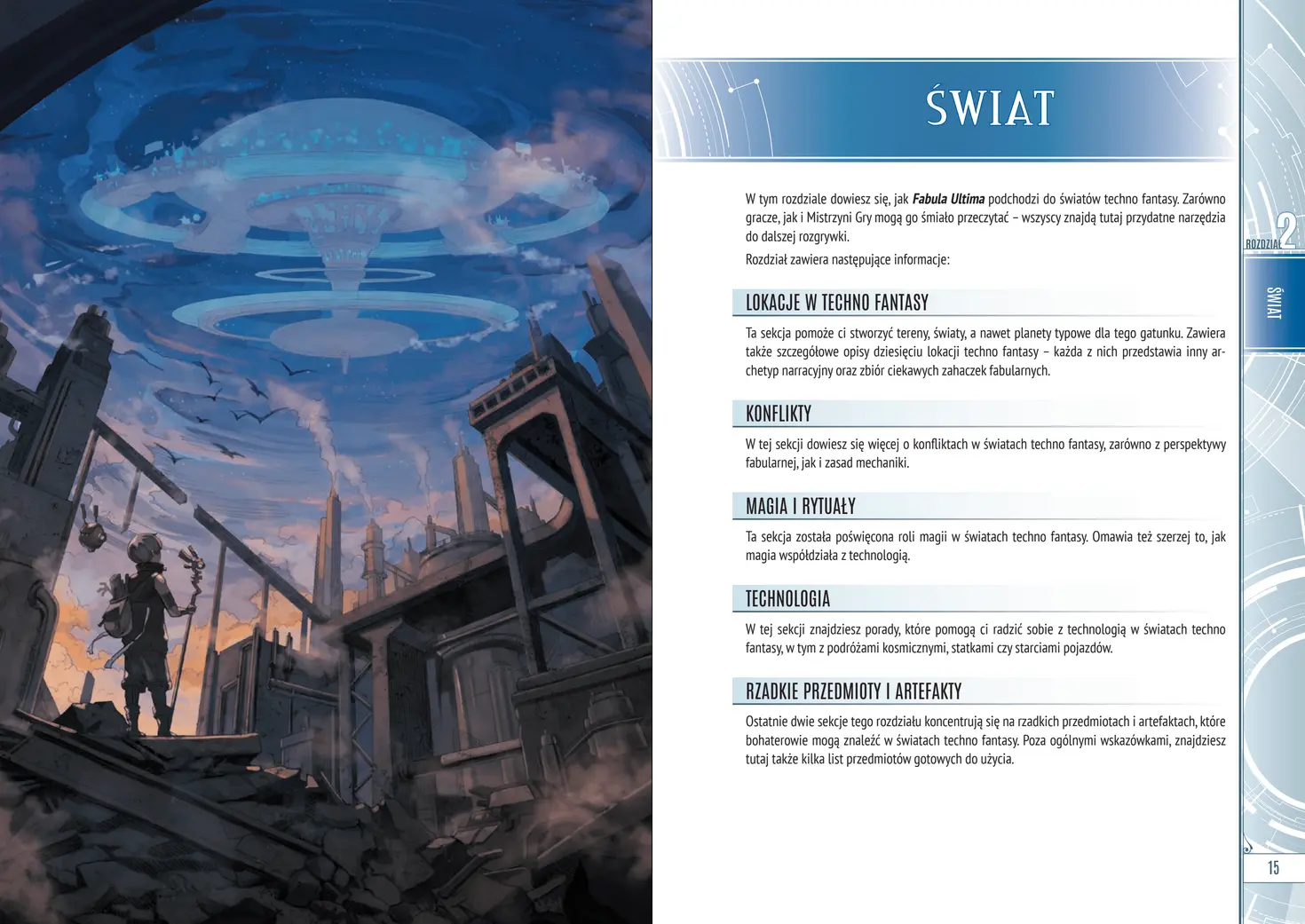 Przykładowe strony z wnętrza Altas Techno Fantasy opisujące świat