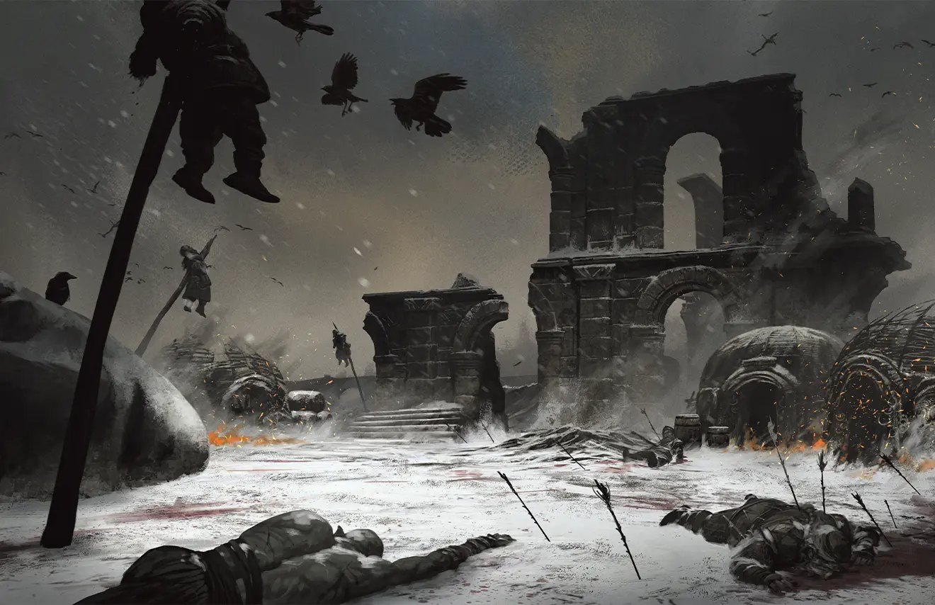 Obraz przedstawiający ponury obraz ruin oraz zwłoki ludzi nabite na pal i przebite strzałami